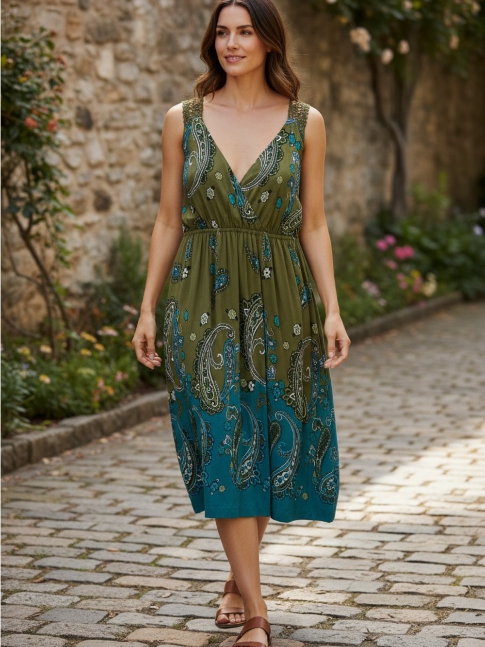 Apt. 9 Olive & Teal Paisley Sleeveless V‑Neck Dress